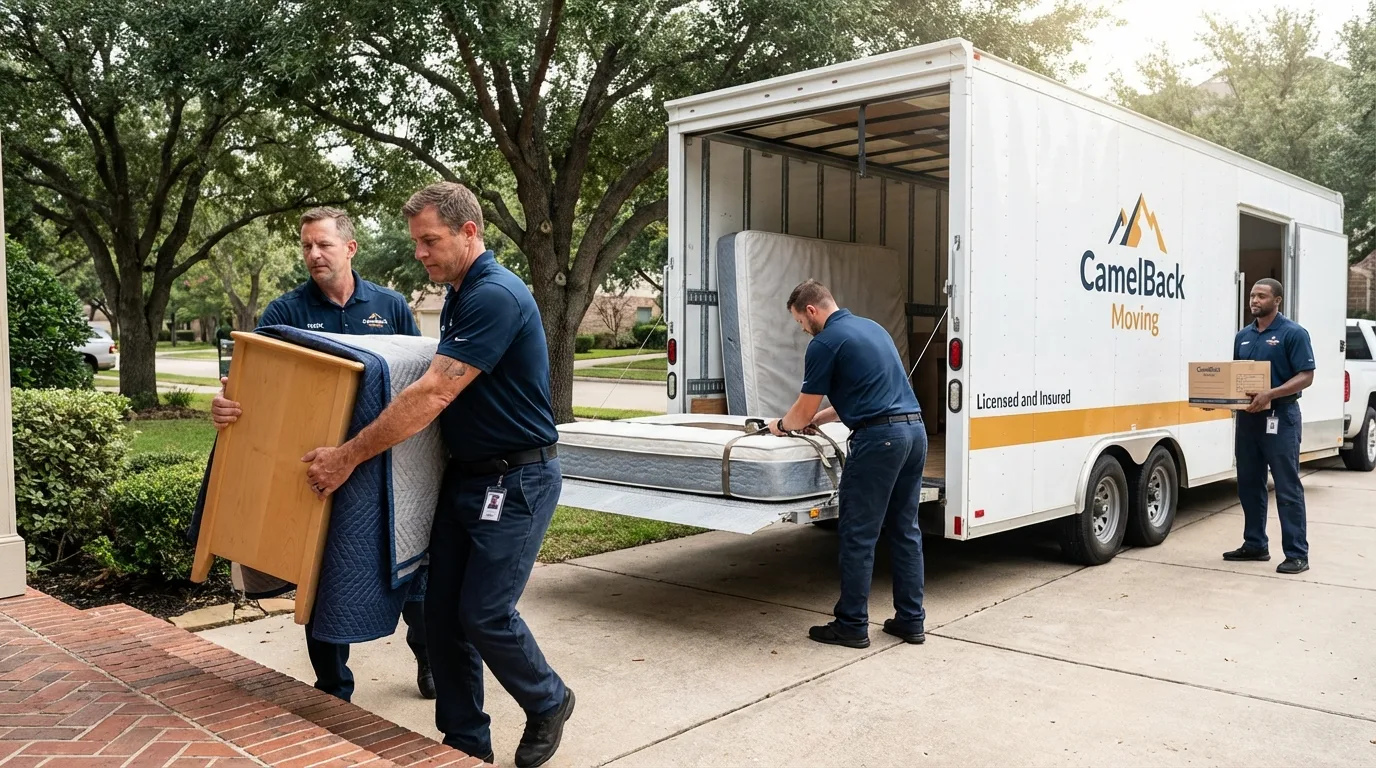 Crew loading residential truck for cross-state move from Macon, MO