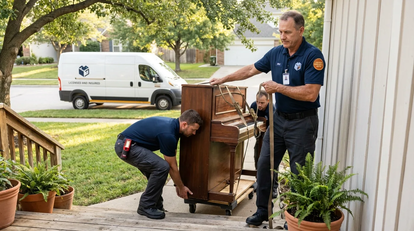 Licensed piano movers securing grand piano in Macon, MO